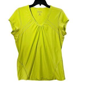 Athleta Lime Green V-Neck Activewear Top Ruched Zip Pocket Womens L Cap Sleeve